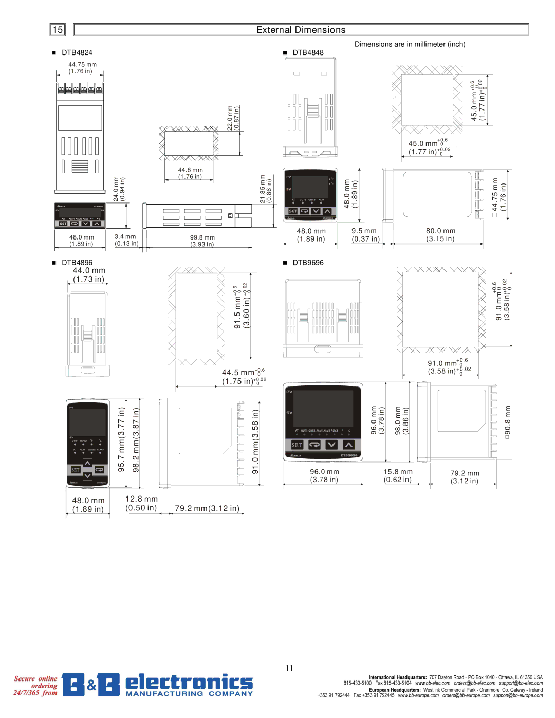 B&B Electronics DTB Series user manual External Dimensions, DTB4824, DTB4896, DTB9696 