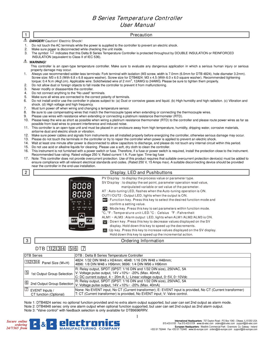 B&B Electronics DTB Series user manual Precaution, Display, LED and Pushbuttons, Ordering Information 