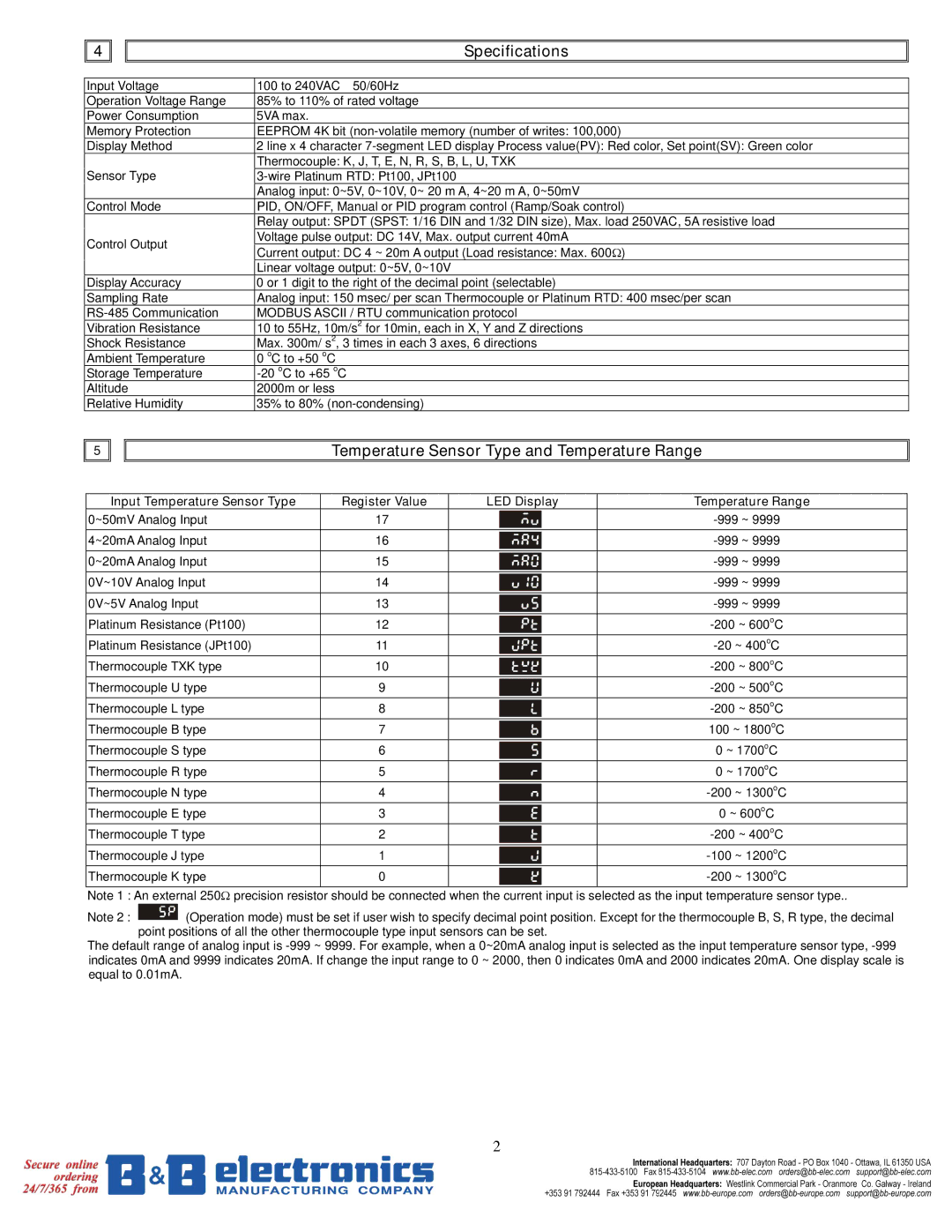 B&B Electronics DTB Series user manual Specifications, Temperature Sensor Type and Temperature Range 