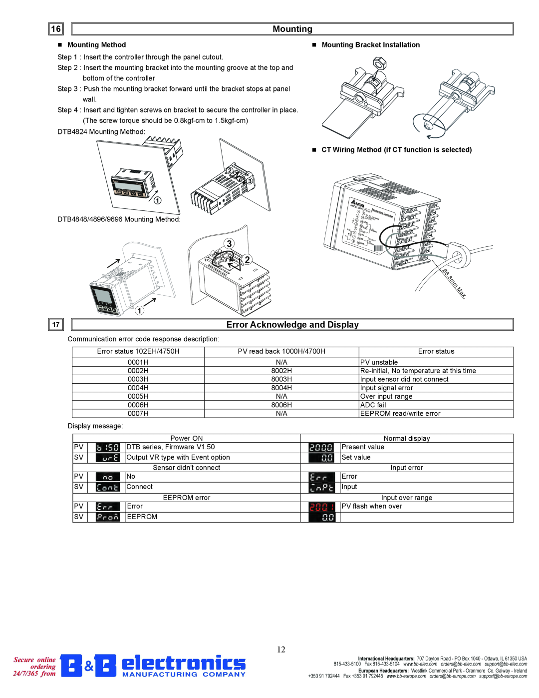 B&B Electronics DTB Series Error Acknowledge and Display, Mounting Method, CT Wiring Method if CT function is selected 