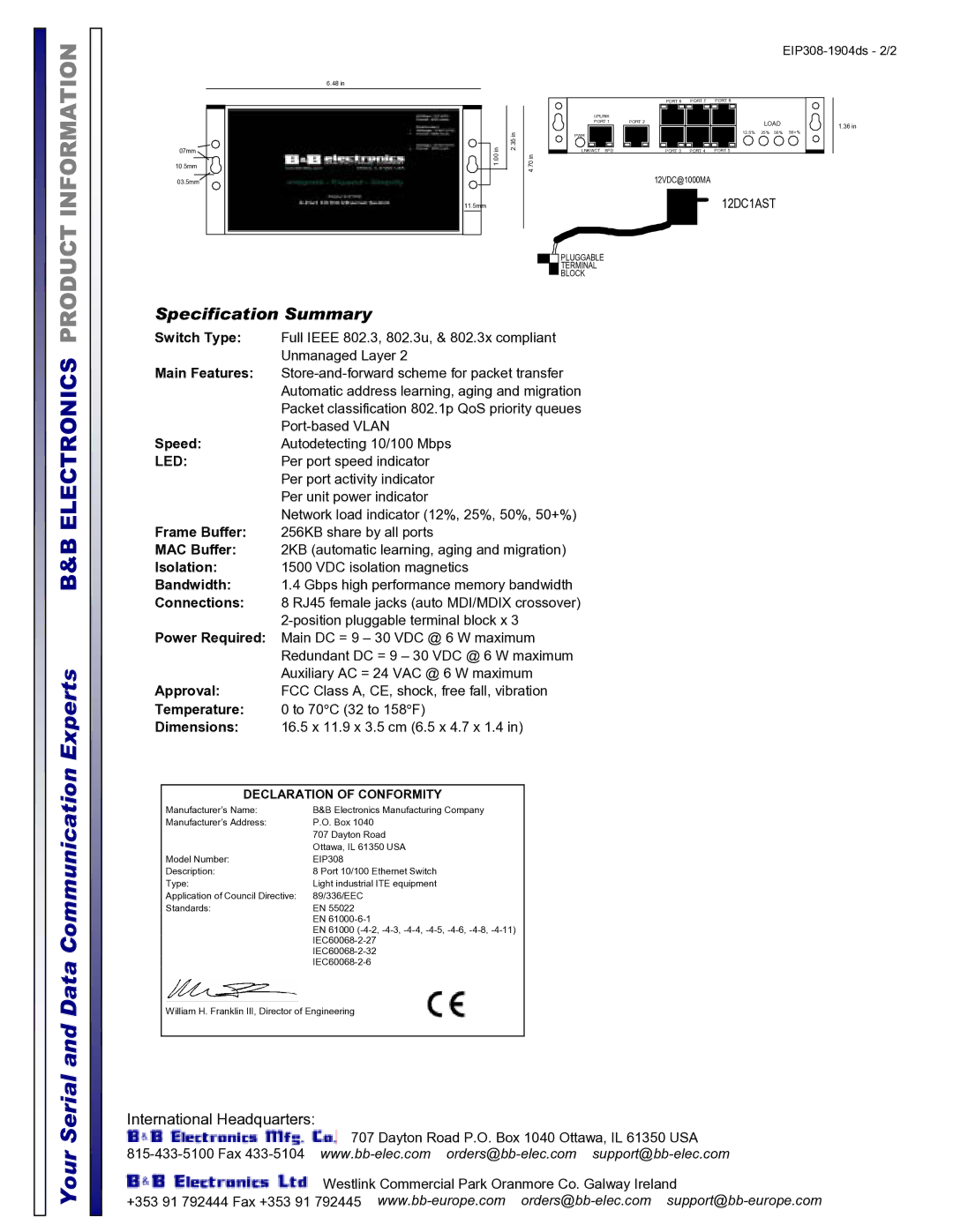 B&B Electronics EIP308 manual Your Serial and Data Communication Experts, Specification Summary 