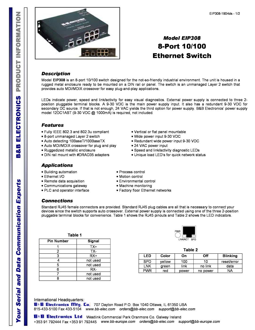 B&B Electronics EIP308 manual Experts, Your, Description, Features, Applications, Connections, International Headquarters 