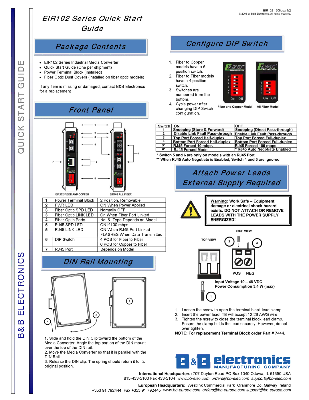 B&B Electronics quick start EIR102 Series Quick Start Guide, Package Contents, Front Panel Configure DIP Switch 