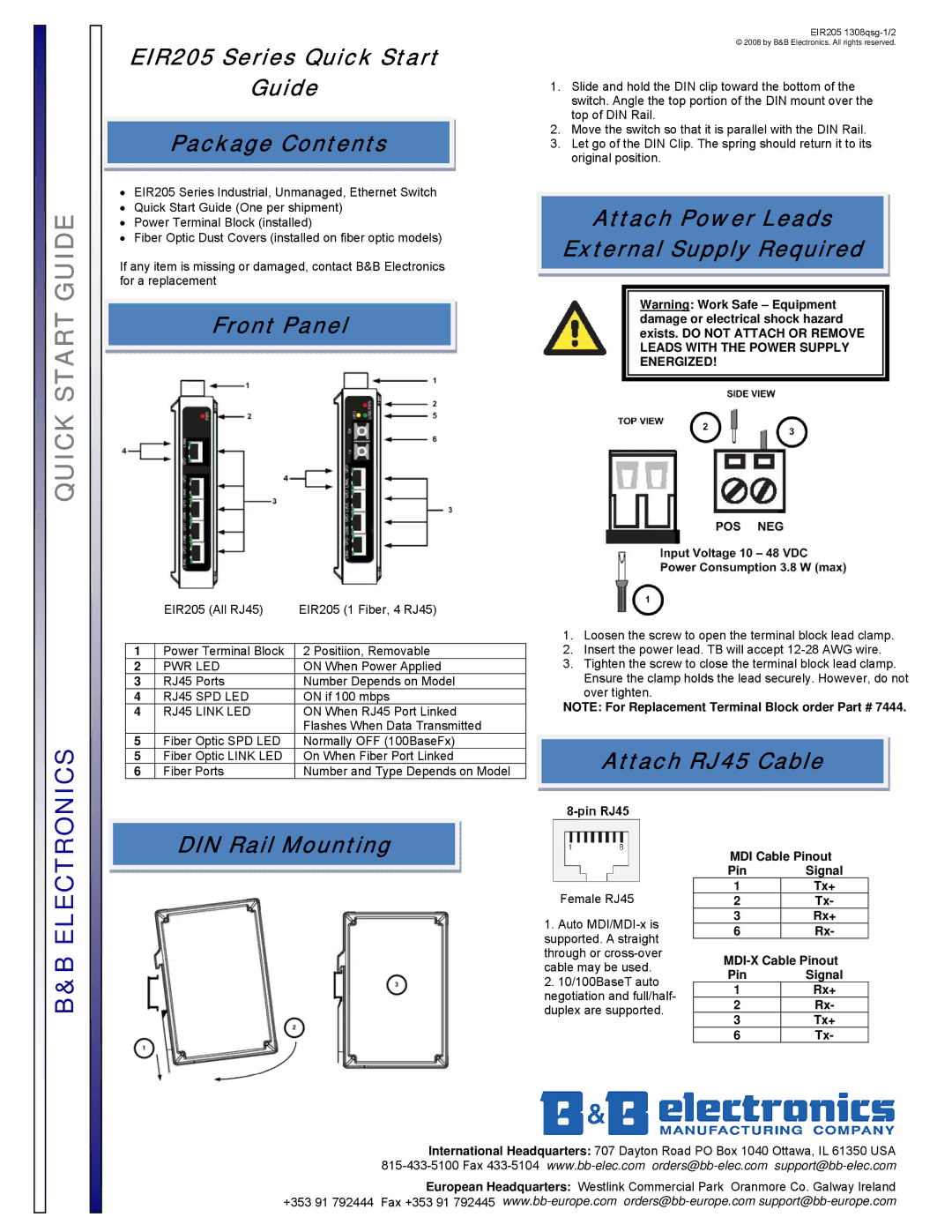 B&B Electronics quick start EIR205 Series Quick Start Guide Package Contents, Front Panel, Attach RJ45 Cable 