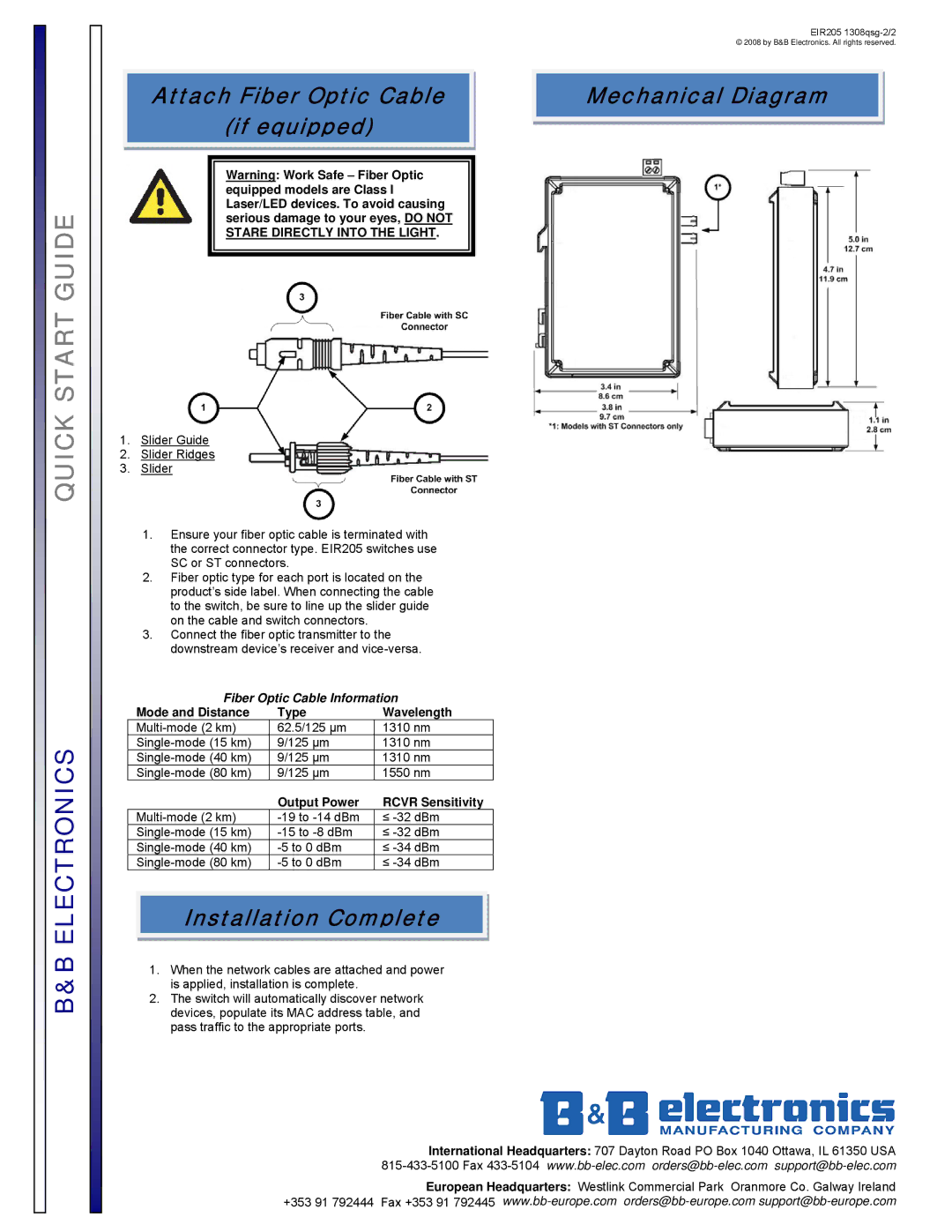 B&B Electronics EIR205 quick start Mechanical Diagram, Installation Complete, Mode and Distance Type Wavelength 