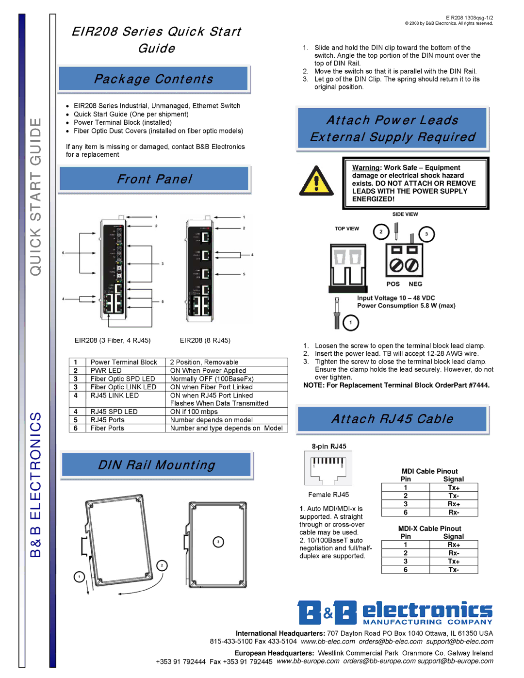 B&B Electronics quick start EIR208 Series Quick Start Guide Package Contents, Front Panel, Attach RJ45 Cable 