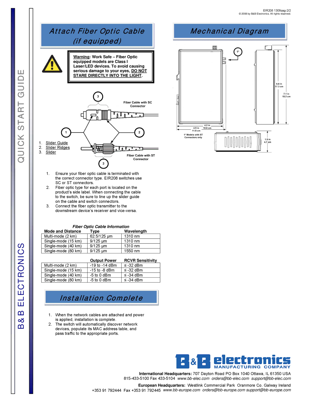 B&B Electronics EIR208 quick start Mechanical Diagram, Installation Complete, Mode and Distance Type Wavelength 