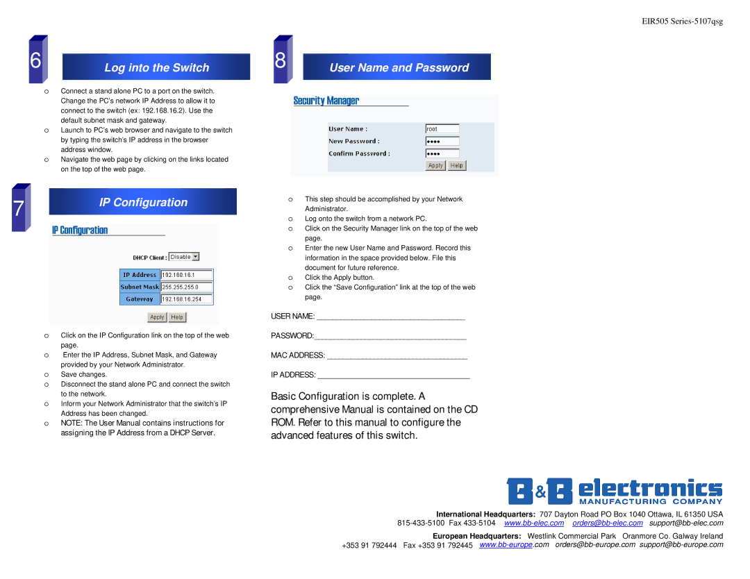 B&B Electronics EIR505 Series quick start Log into the Switch, IP Configuration, User Name and Password 