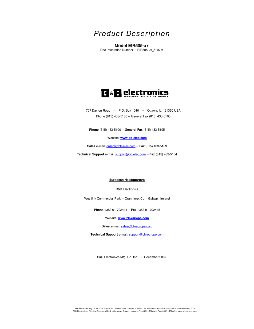 B&B Electronics EIR505-XX manual Product Description 