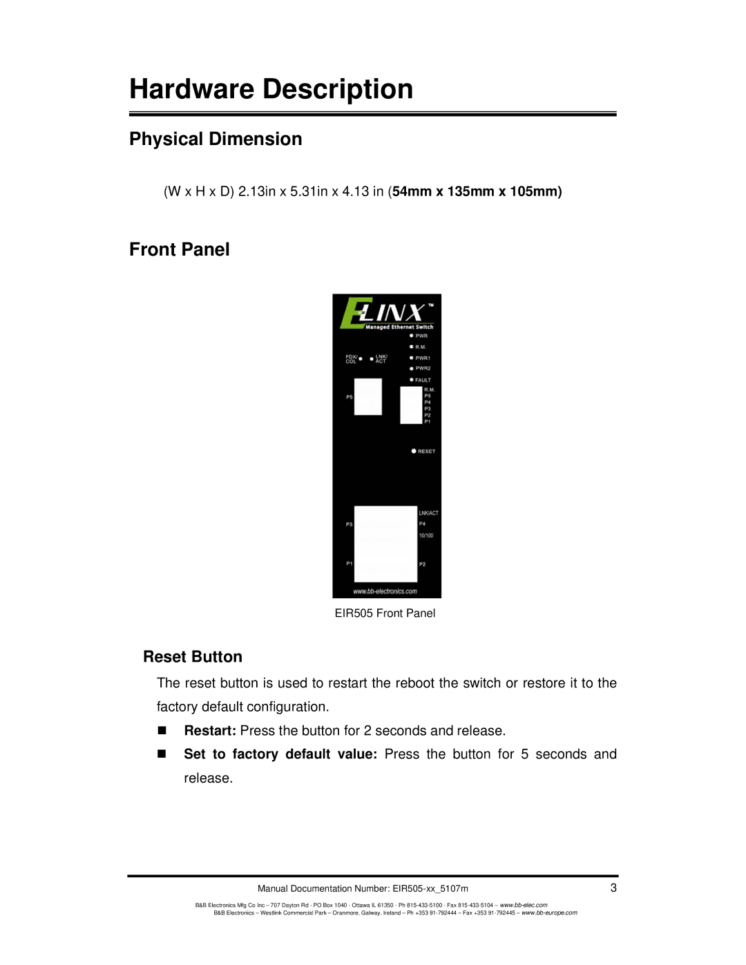 B&B Electronics EIR505-XX manual Hardware Description, Physical Dimension, Front Panel, Reset Button 