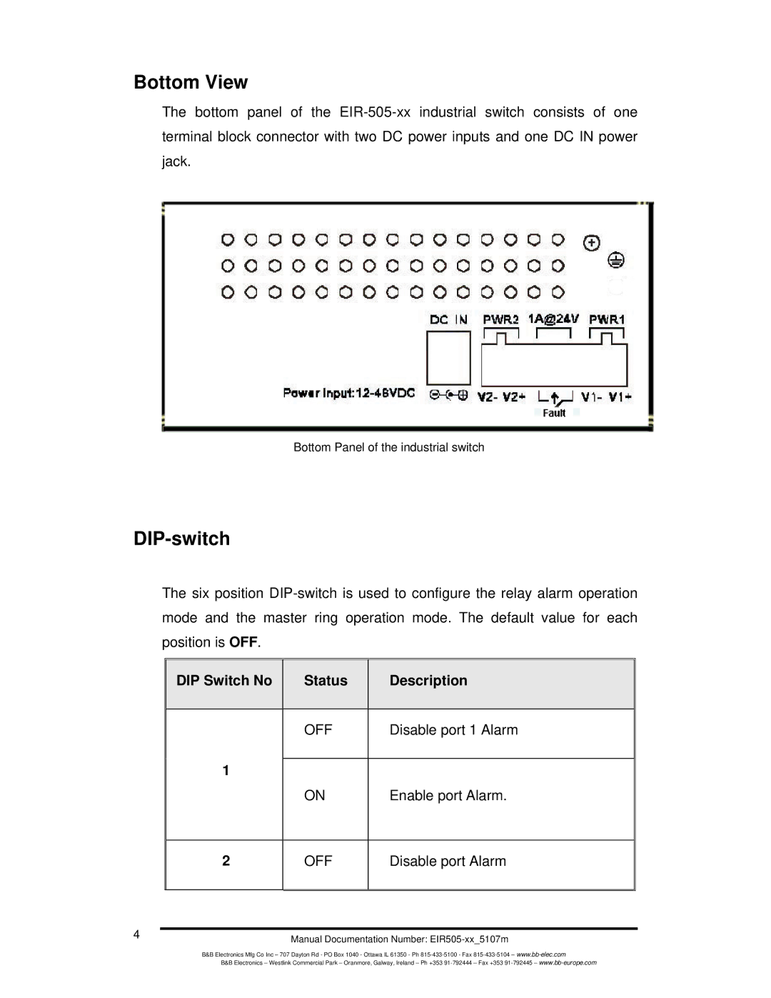 B&B Electronics EIR505-XX manual Bottom View, DIP-switch, DIP Switch No Status Description 