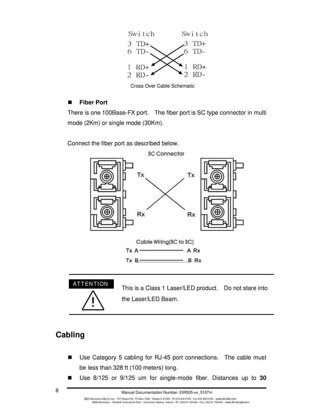 B&B Electronics EIR505-XX manual Cabling, „ Fiber Port 