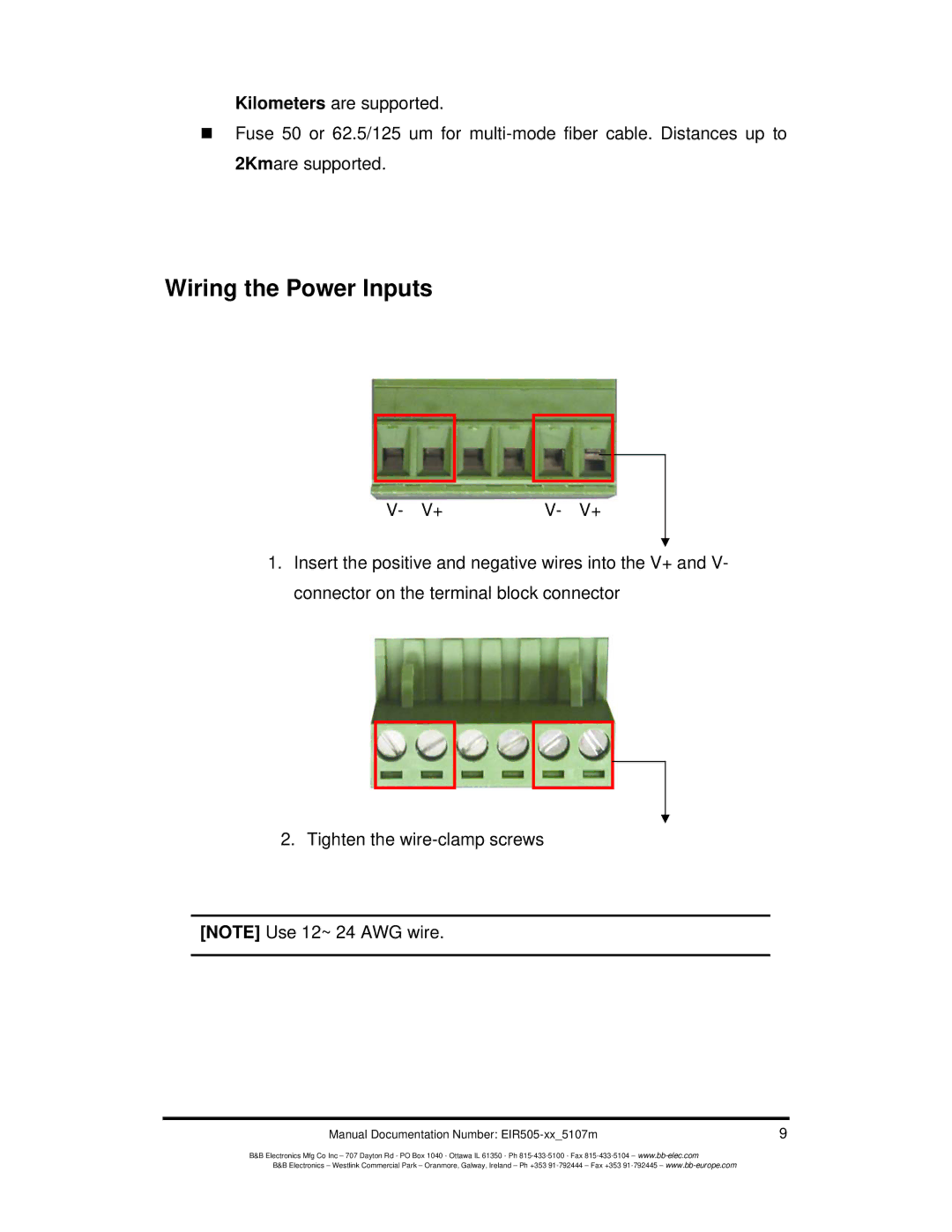 B&B Electronics EIR505-XX manual Wiring the Power Inputs 