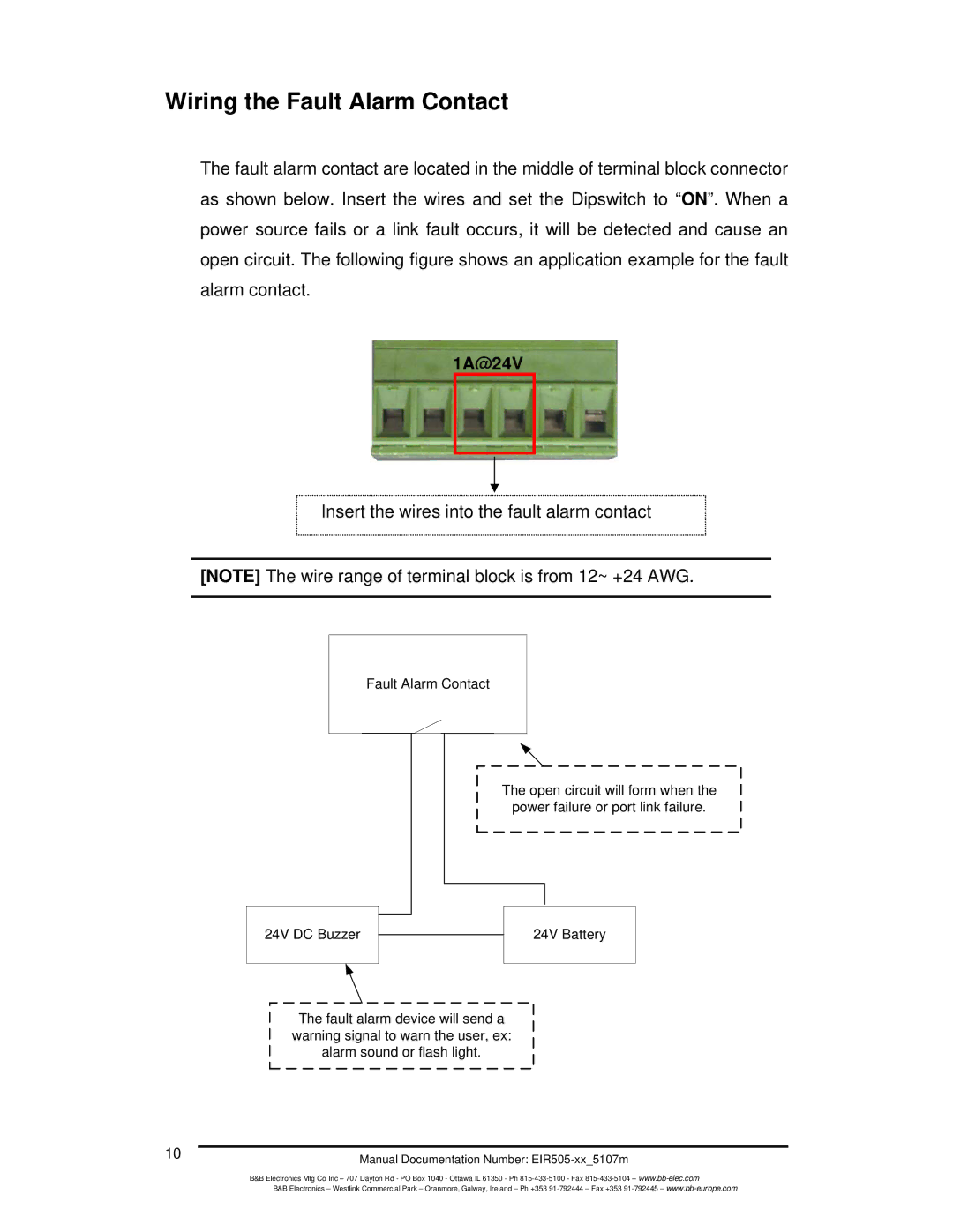 B&B Electronics EIR505-XX manual Wiring the Fault Alarm Contact, 1A@24V 
