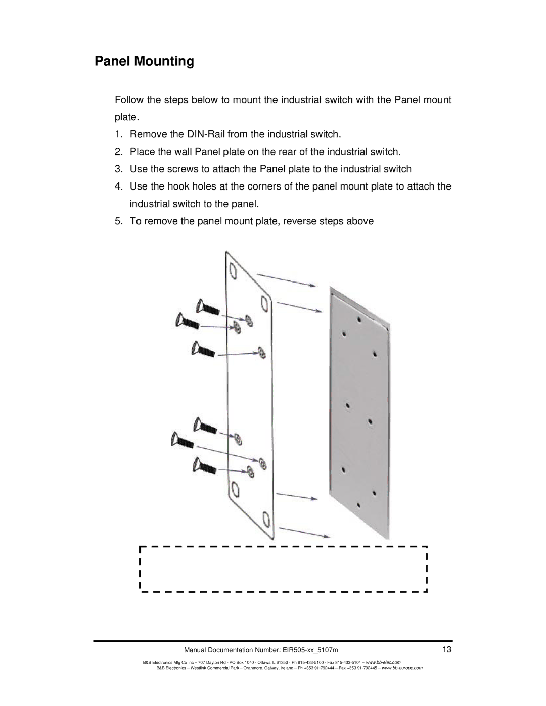 B&B Electronics EIR505-XX manual Panel Mounting 