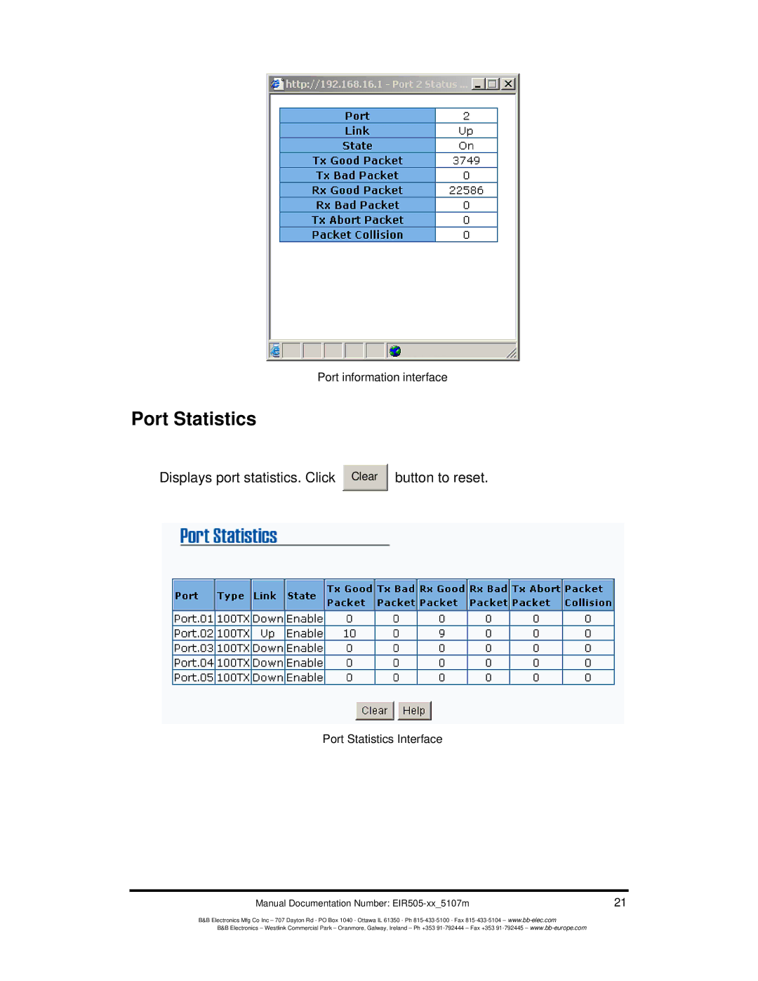 B&B Electronics EIR505-XX manual Port Statistics 