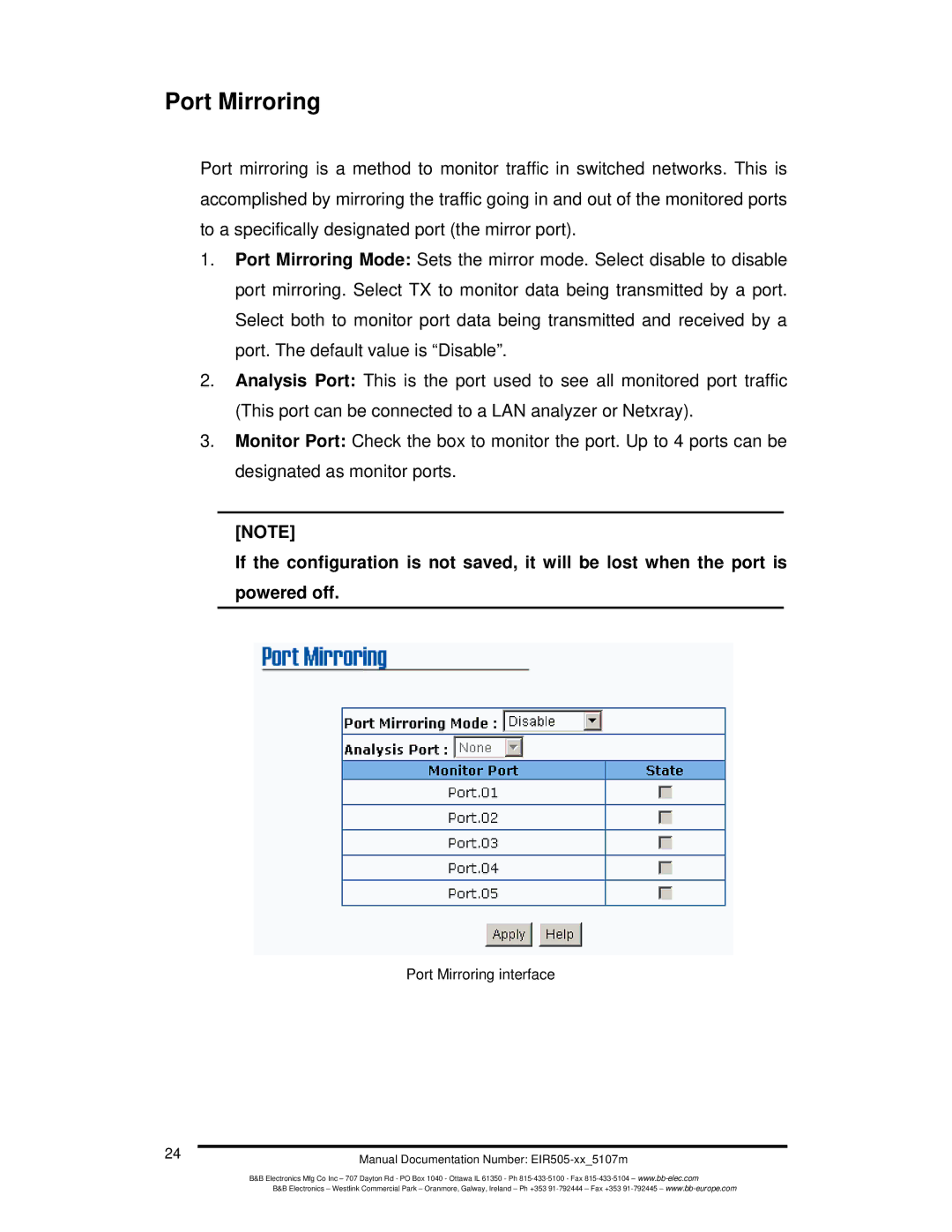 B&B Electronics EIR505-XX manual Port Mirroring interface 