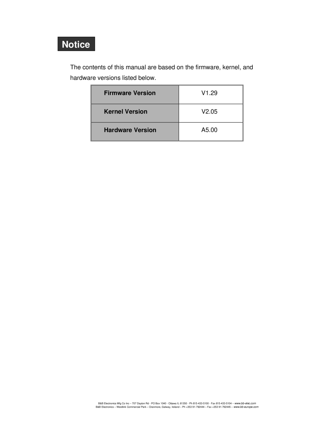 B&B Electronics EIR505-XX manual Firmware Version, Kernel Version, Hardware Version 