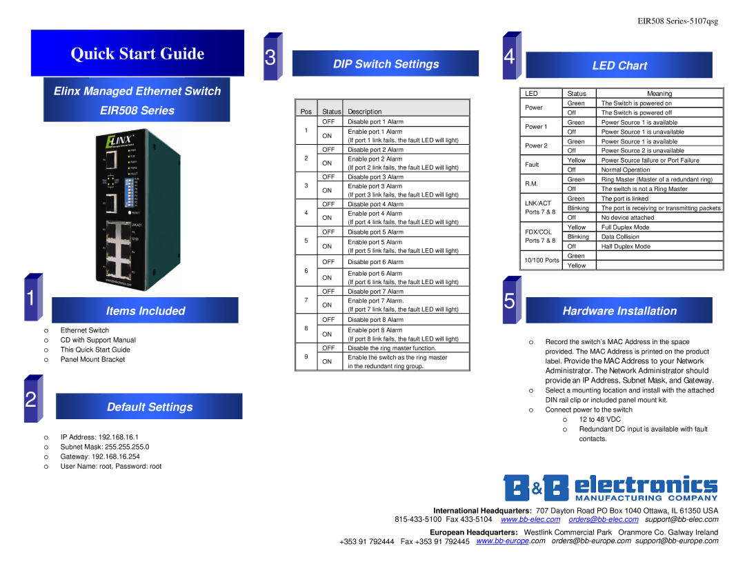 B&B Electronics quick start Elinx Managed Ethernet Switch EIR508 Series Items Included, Default Settings, LED Chart 