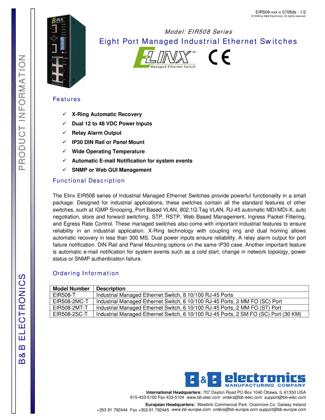 B&B Electronics EIR508-2SC-T manual Features, Functional Description, Ordering Information, Model Number Description 