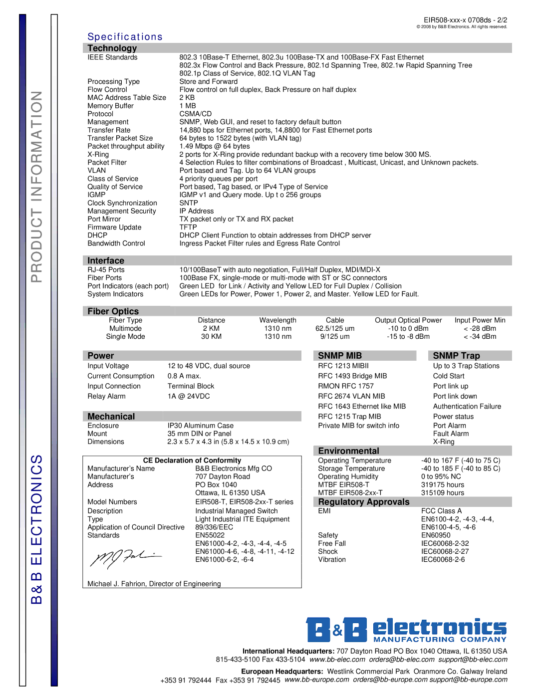 B&B Electronics EIR508-2MC-T, EIR508-T, EIR508-2SC-T, EIR508-2MT-T manual Specifications 