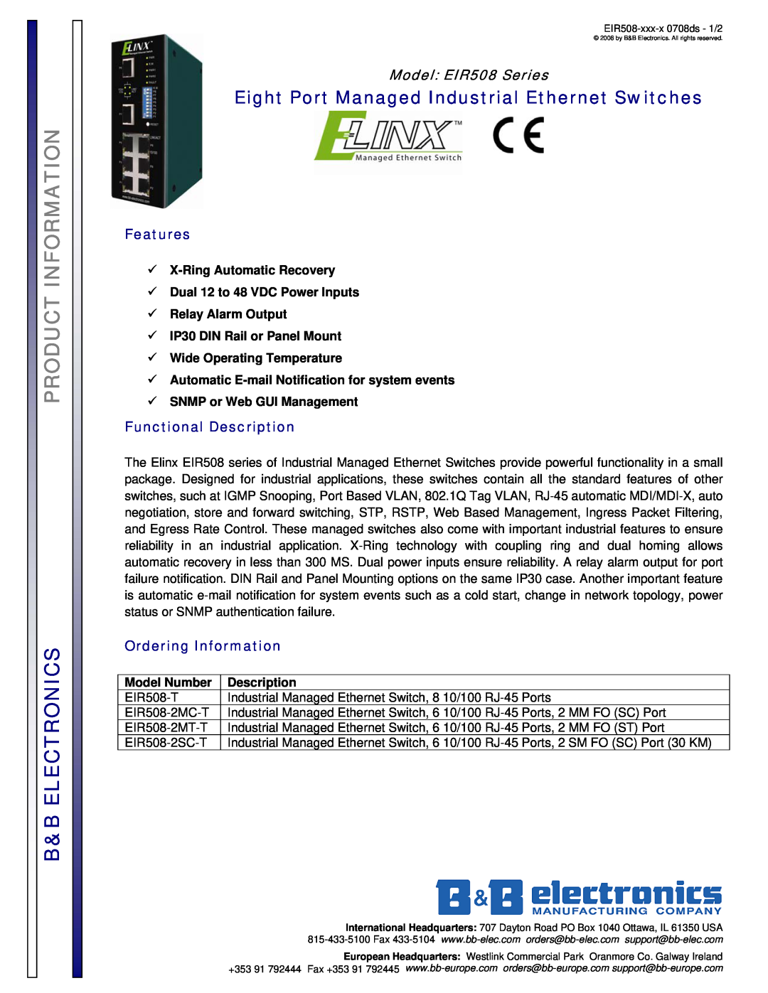 B&B Electronics EIR508-2SC-T manual Product Information, B&B Electronics, Features, Functional Description, Model Number 