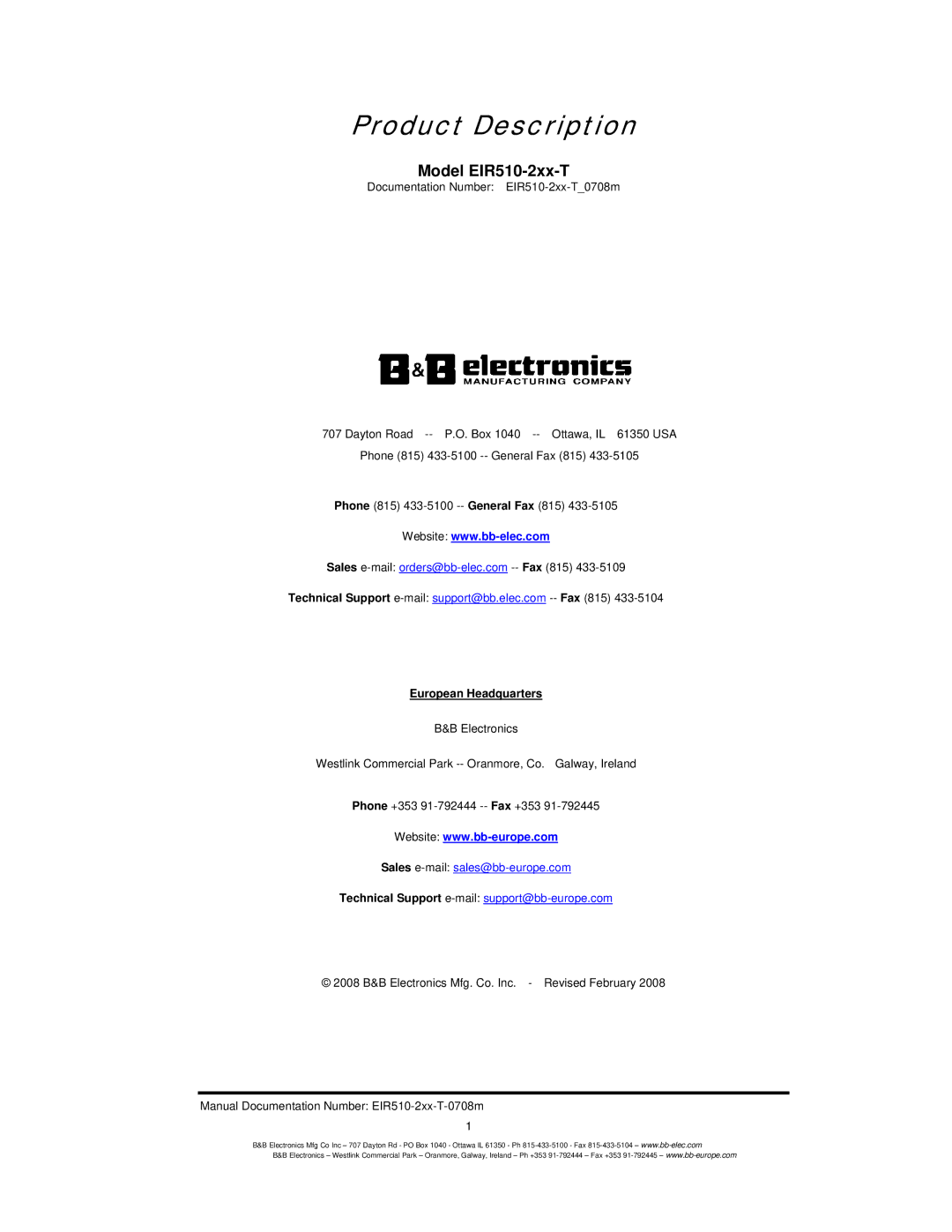 B&B Electronics EIR510-2MC-T, EIR510-2MT-T, EIR510-2SC-T manual Product Description 