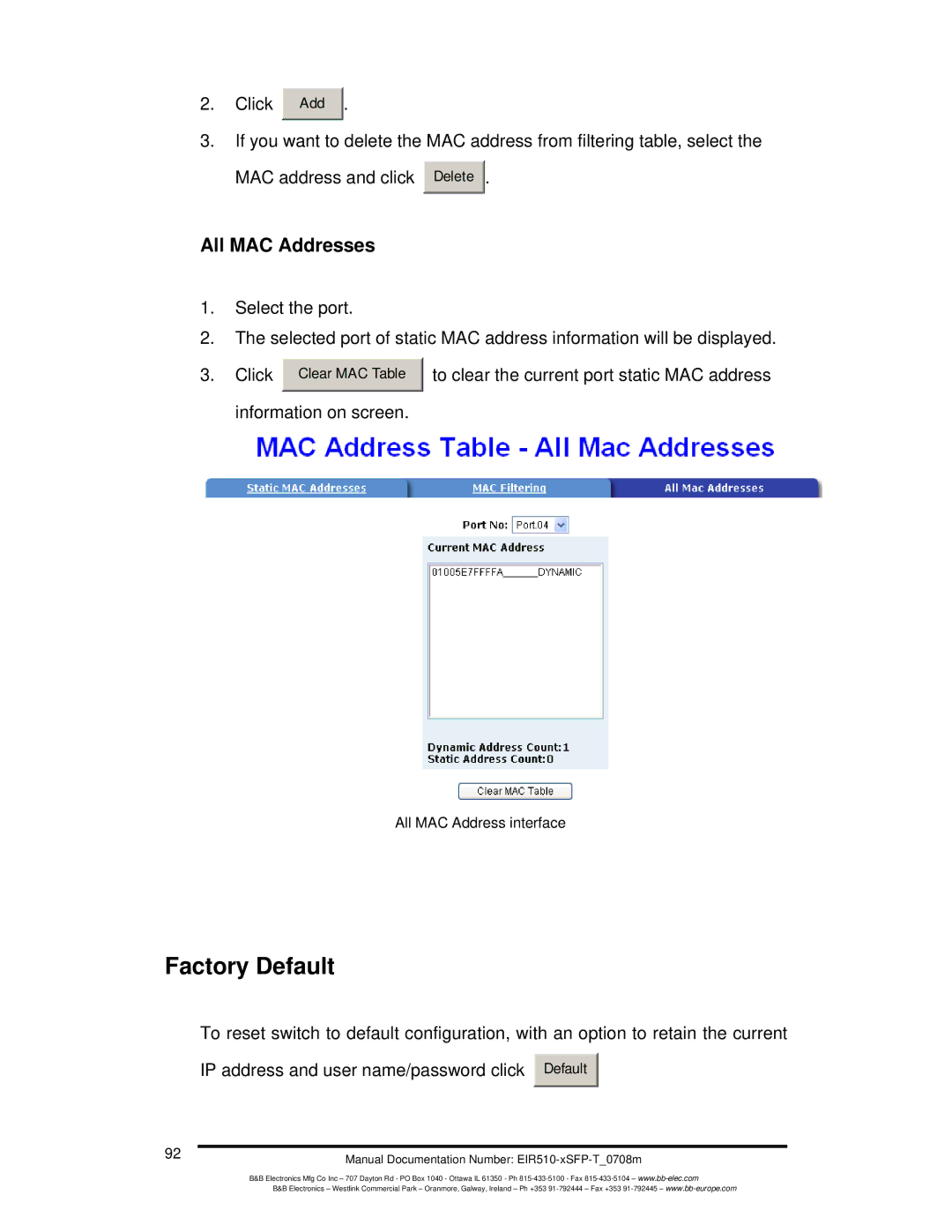 B&B Electronics EIR510-2MC-T, EIR510-2MT-T, EIR510-2SC-T manual Factory Default, All MAC Addresses 