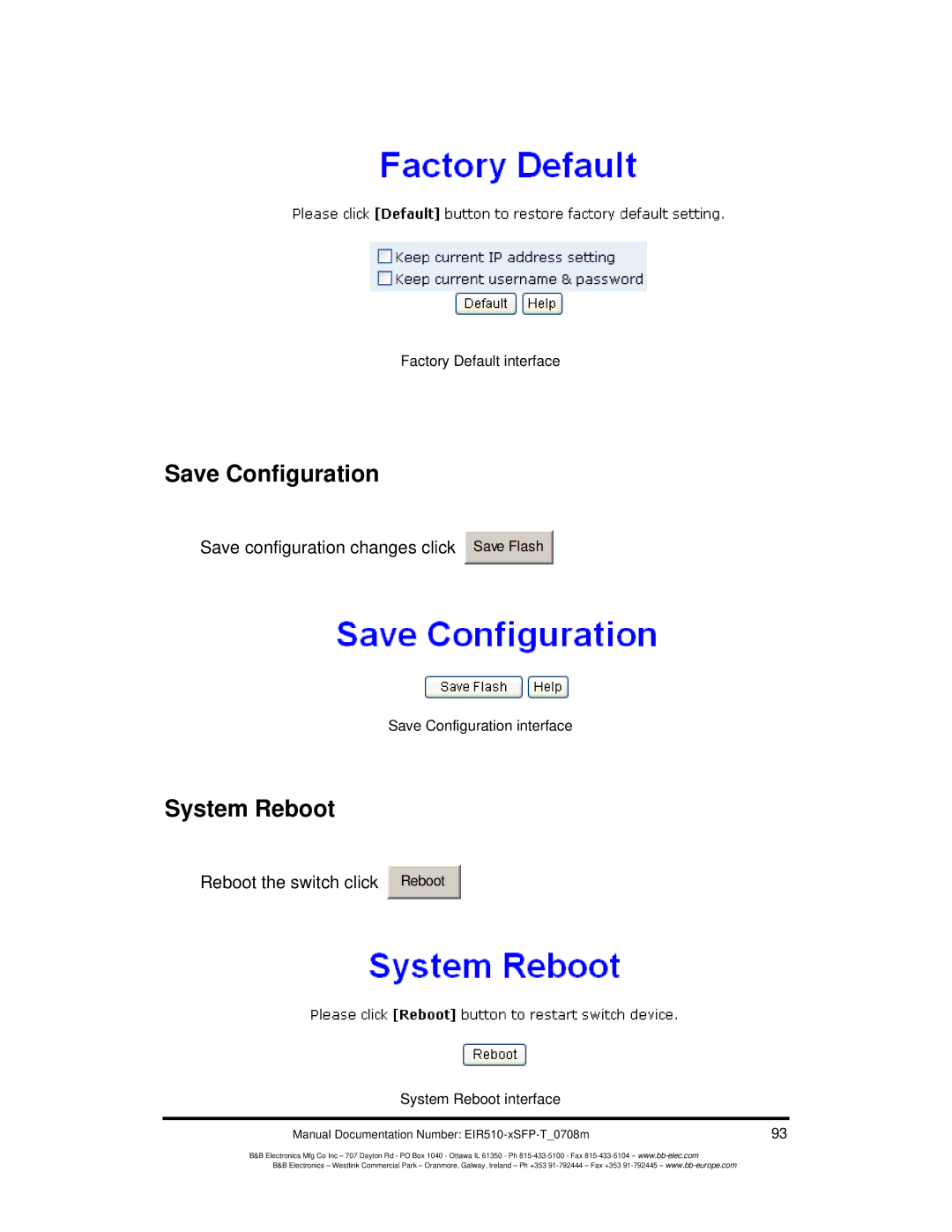 B&B Electronics EIR510-2SC-T, EIR510-2MT-T, EIR510-2MC-T manual Save Configuration, System Reboot 