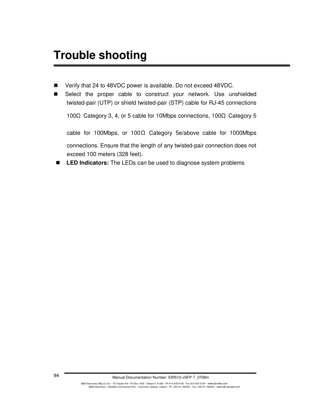 B&B Electronics EIR510-2MT-T, EIR510-2MC-T, EIR510-2SC-T manual Trouble shooting 