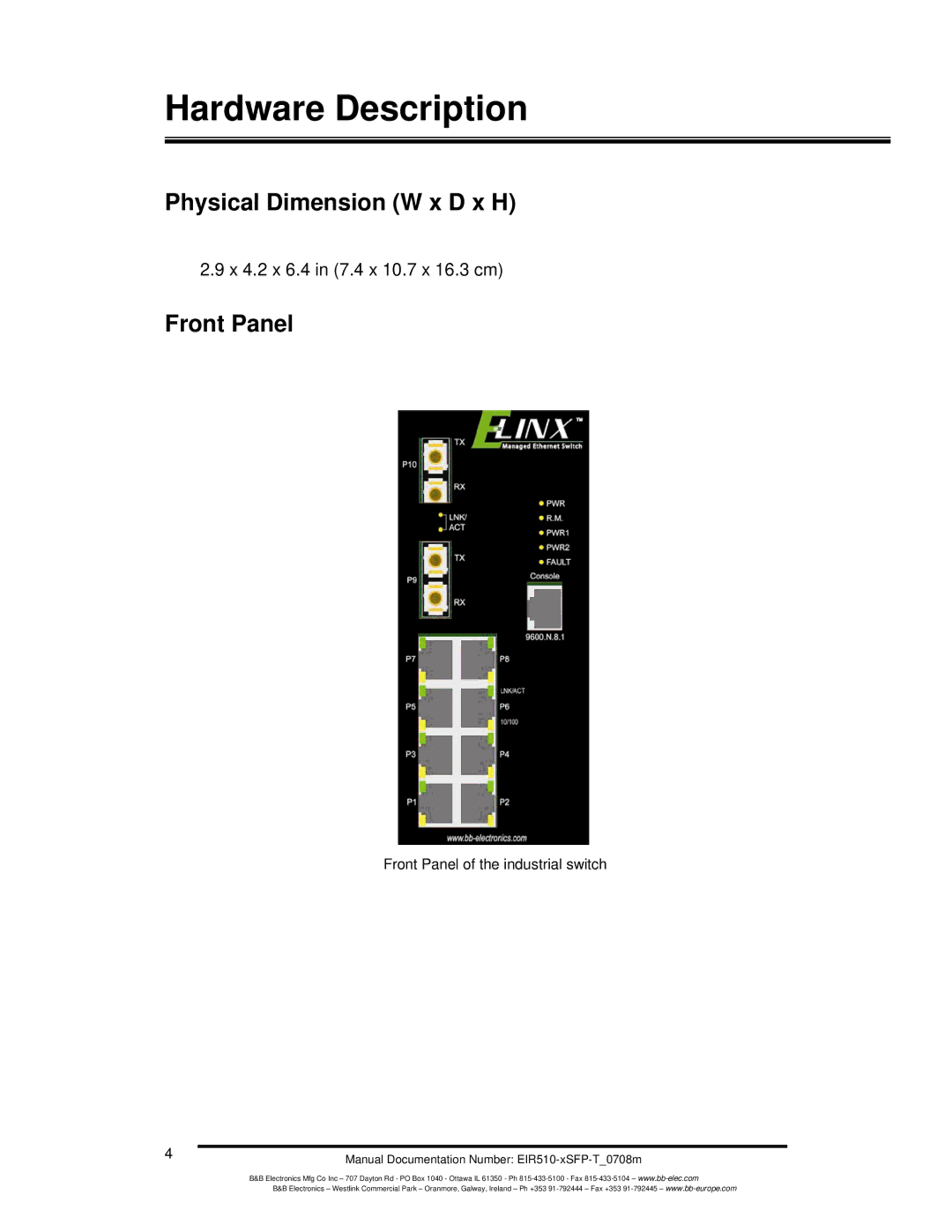 B&B Electronics EIR510-2MT-T, EIR510-2MC-T, EIR510-2SC-T manual Physical Dimension W x D x H, Front Panel 