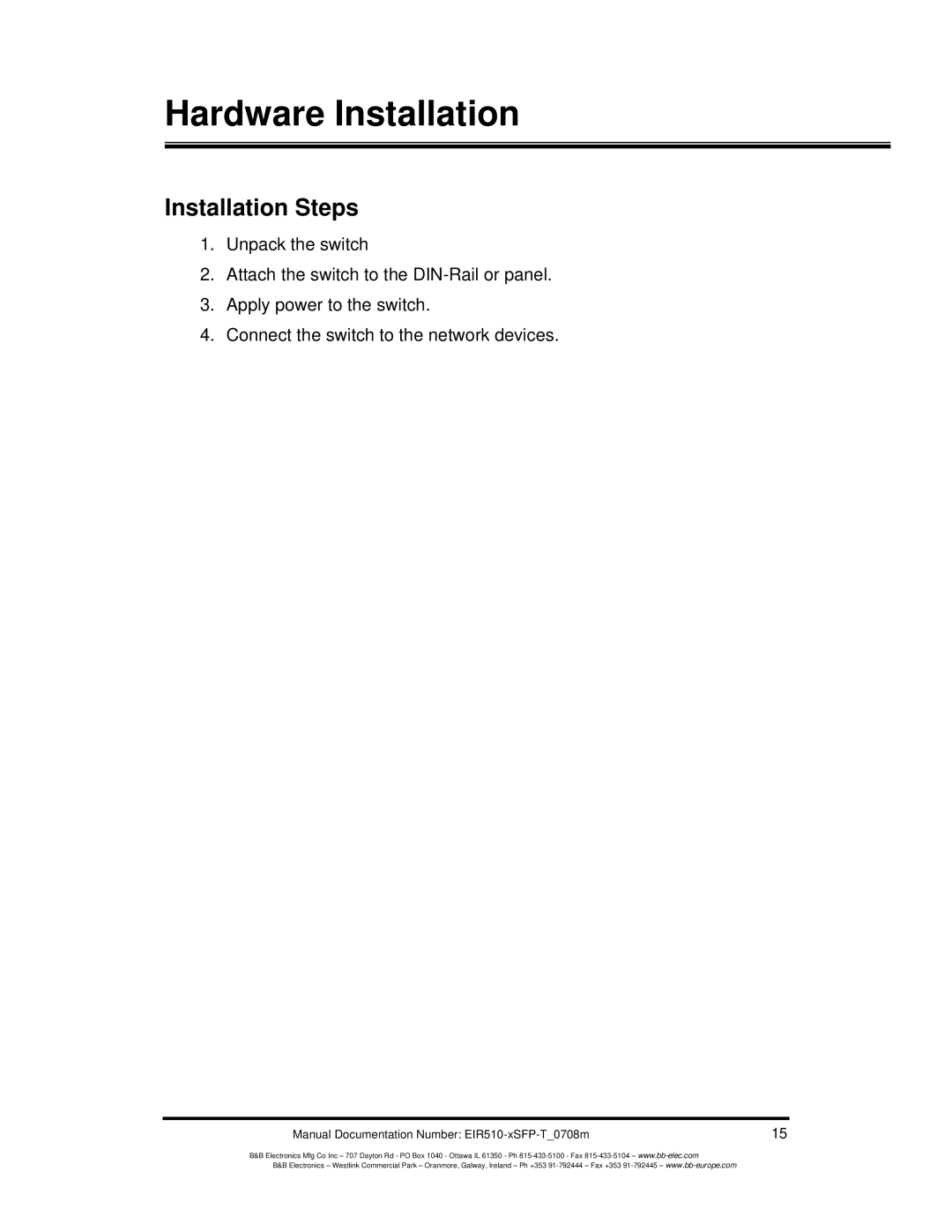 B&B Electronics EIR510-2SC-T, EIR510-2MT-T, EIR510-2MC-T manual Hardware Installation, Installation Steps 