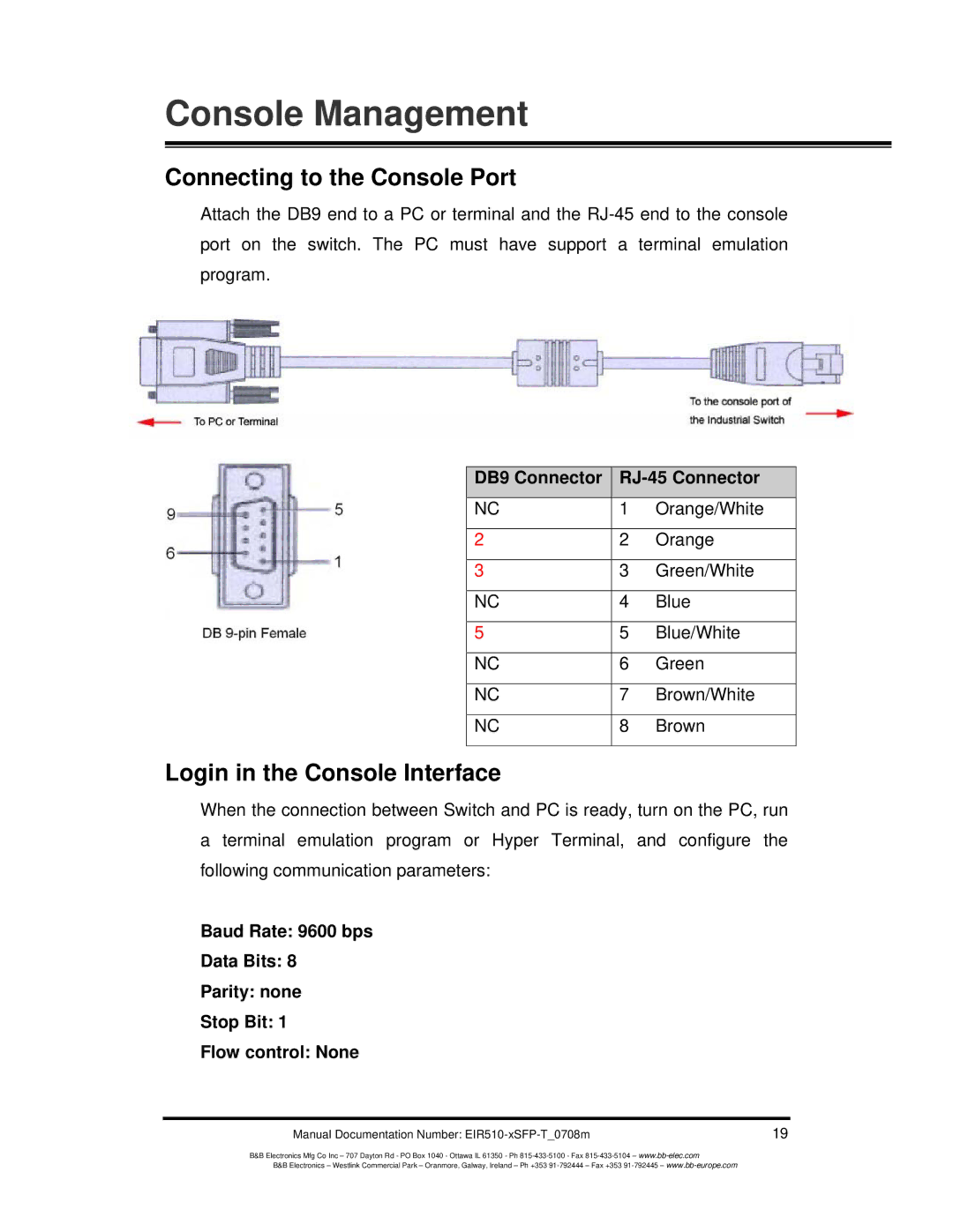 B&B Electronics EIR510-2MT-T Connecting to the Console Port, Login in the Console Interface, DB9 Connector RJ-45 Connector 