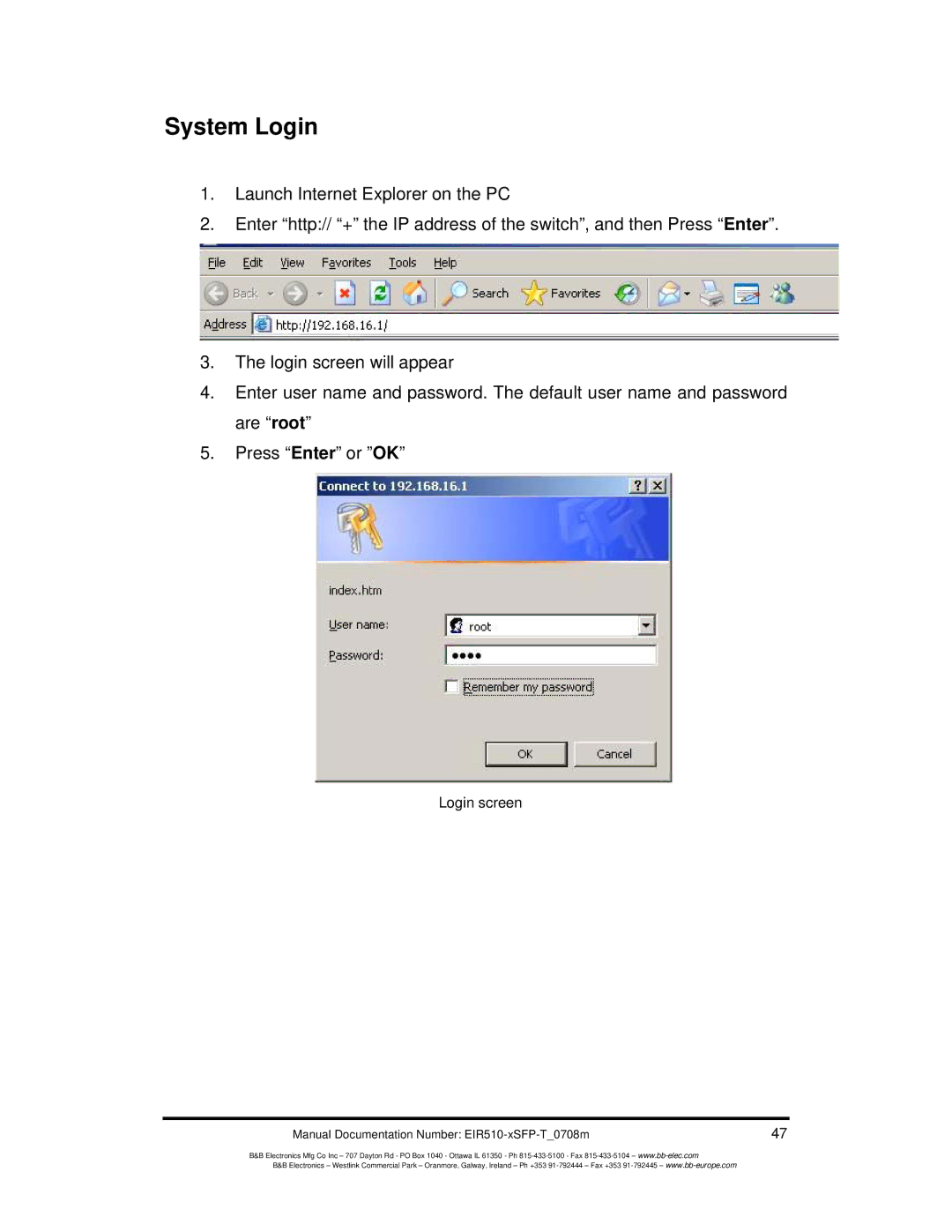 B&B Electronics EIR510-2MC-T, EIR510-2MT-T, EIR510-2SC-T manual System Login 