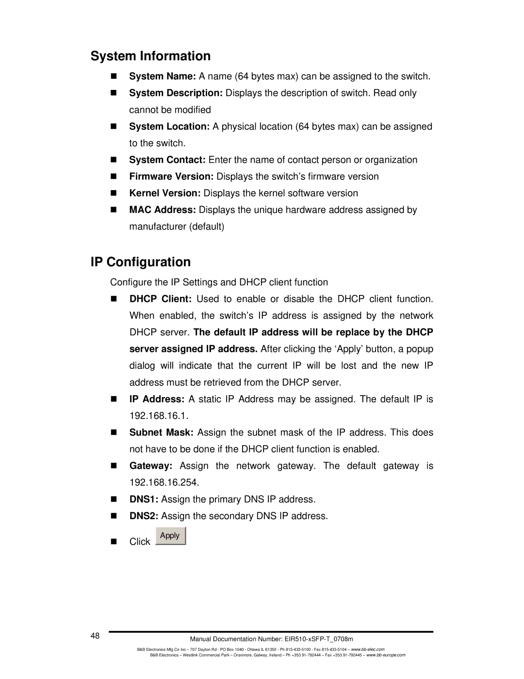 B&B Electronics EIR510-2SC-T, EIR510-2MT-T, EIR510-2MC-T manual System Information, IP Configuration 