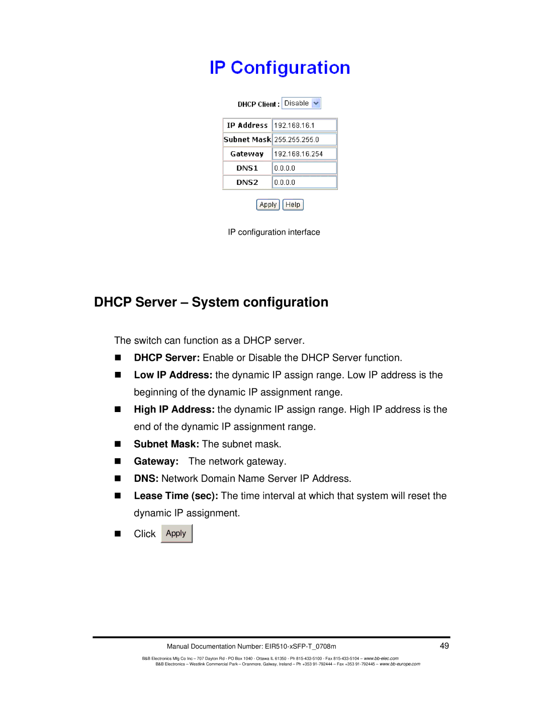 B&B Electronics EIR510-2MT-T, EIR510-2MC-T, EIR510-2SC-T manual Dhcp Server System configuration 