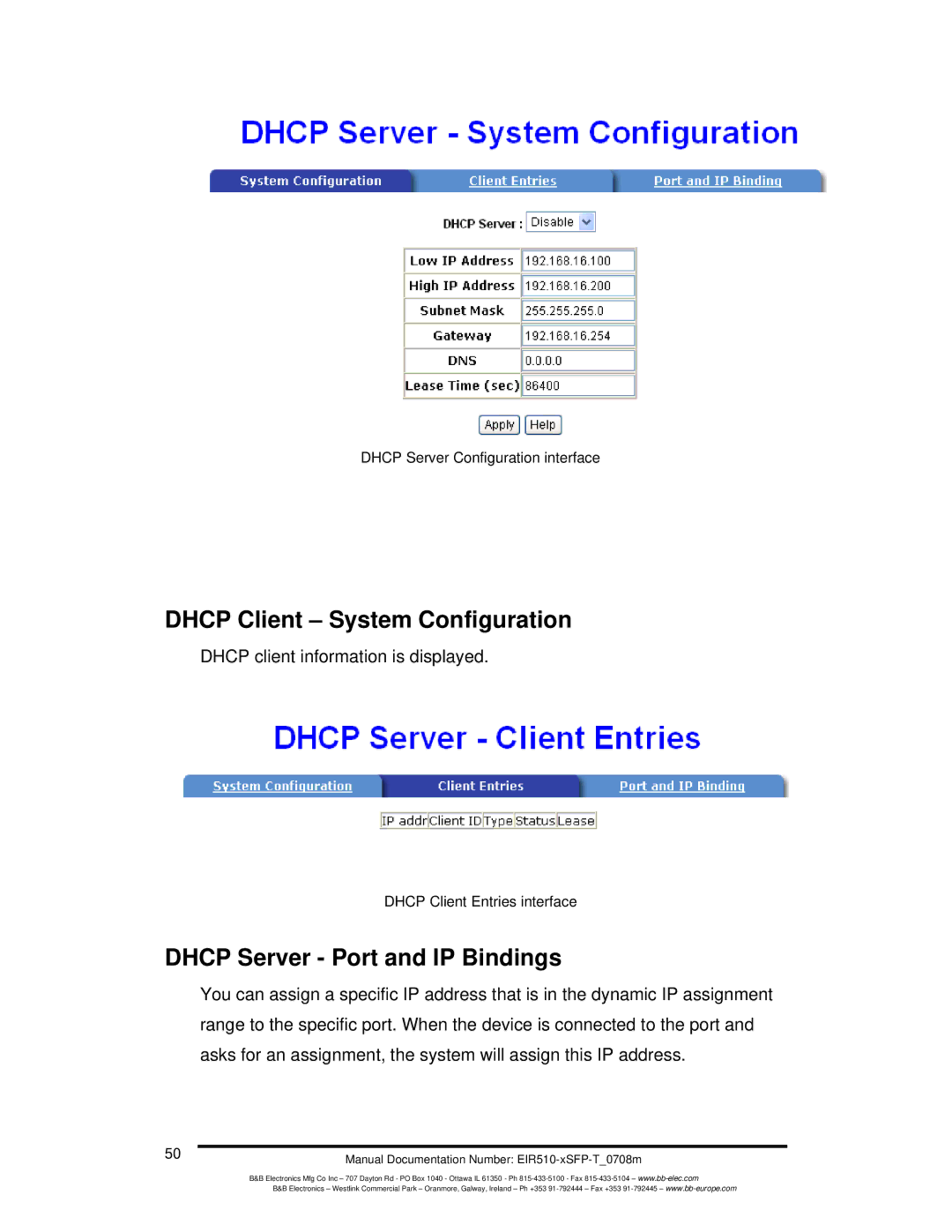 B&B Electronics EIR510-2MC-T, EIR510-2MT-T, EIR510-2SC-T Dhcp Client System Configuration, Dhcp Server Port and IP Bindings 