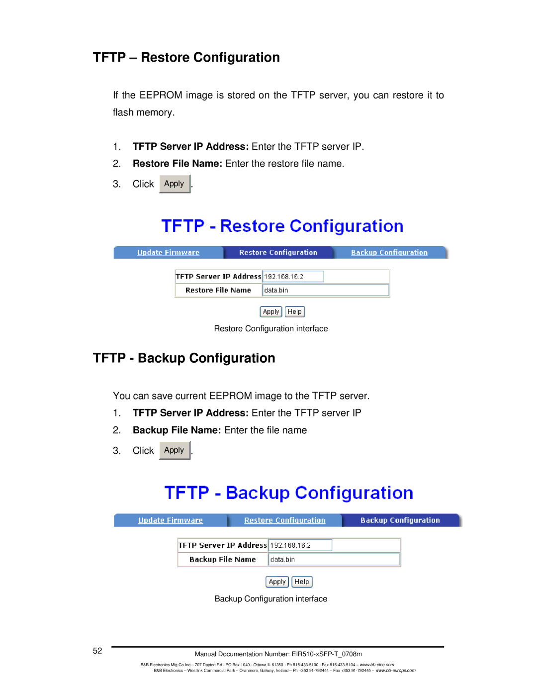 B&B Electronics EIR510-2MT-T, EIR510-2MC-T, EIR510-2SC-T manual Tftp Restore Configuration, Tftp Backup Configuration 