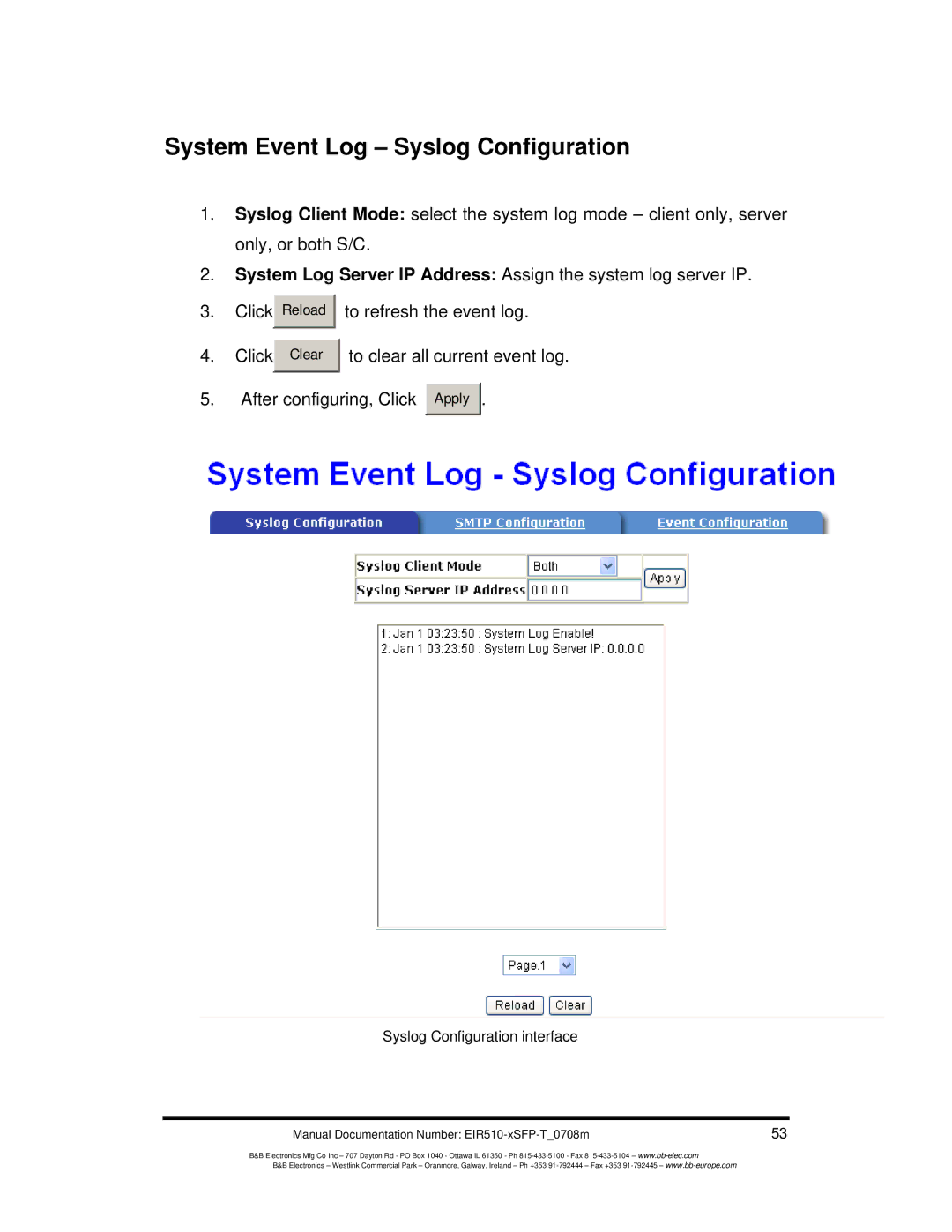 B&B Electronics EIR510-2MC-T, EIR510-2MT-T, EIR510-2SC-T manual System Event Log Syslog Configuration 