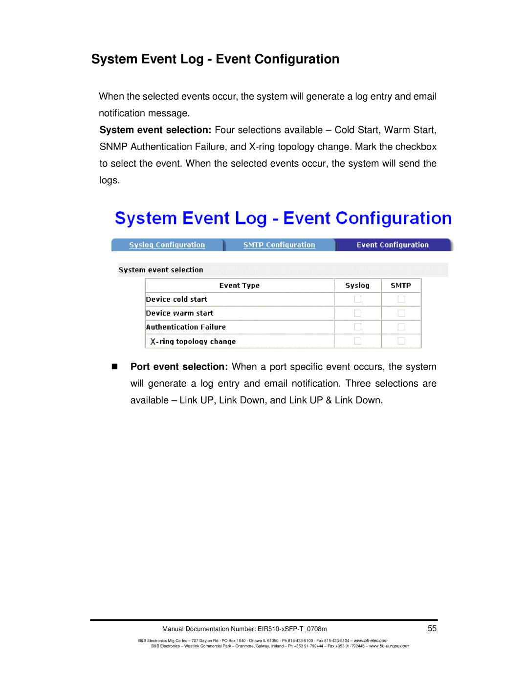 B&B Electronics EIR510-2MT-T, EIR510-2MC-T, EIR510-2SC-T manual System Event Log Event Configuration 