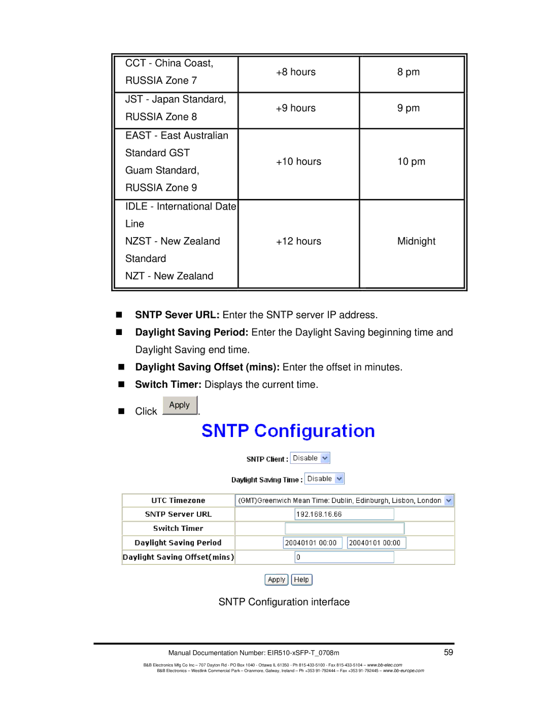 B&B Electronics EIR510-2MC-T, EIR510-2MT-T, EIR510-2SC-T manual „ Daylight Saving Offset mins Enter the offset in minutes 