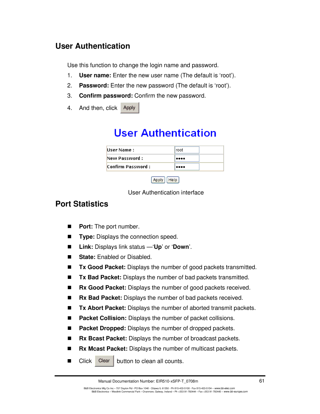 B&B Electronics EIR510-2MT-T, EIR510-2MC-T, EIR510-2SC-T manual User Authentication, Port Statistics 