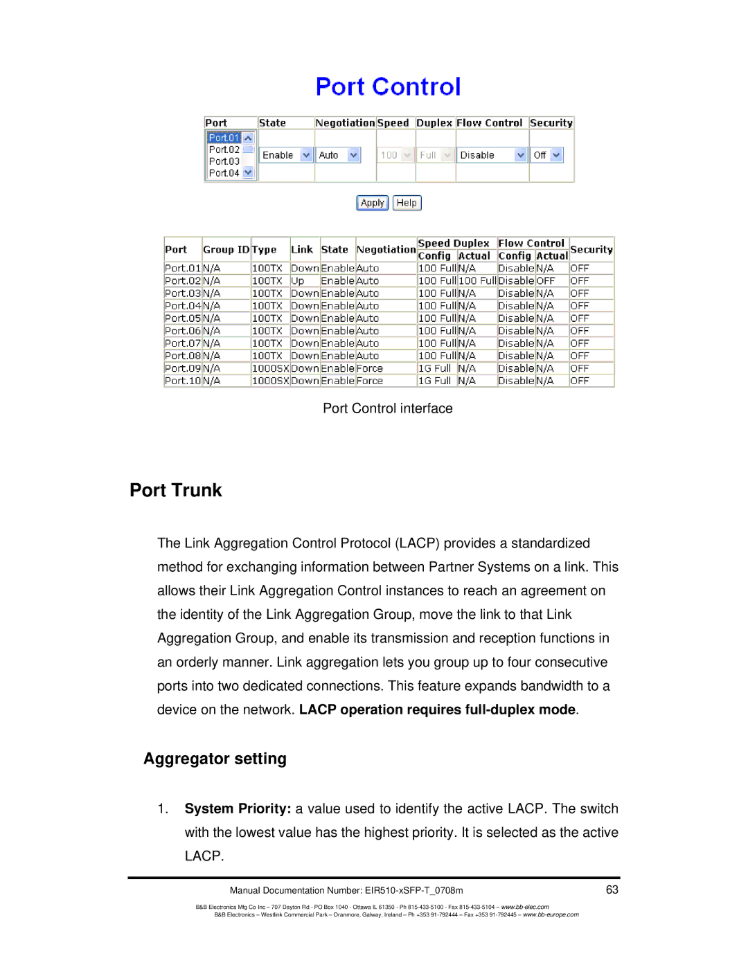 B&B Electronics EIR510-2SC-T, EIR510-2MT-T, EIR510-2MC-T manual Port Trunk, Aggregator setting 