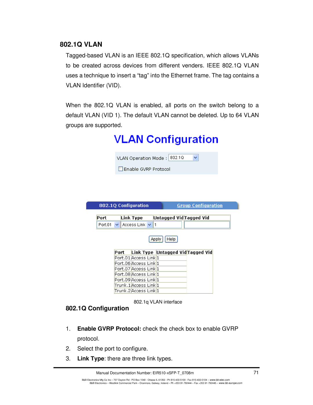 B&B Electronics EIR510-2MC-T, EIR510-2MT-T, EIR510-2SC-T manual 802.1Q Vlan, 802.1Q Configuration 