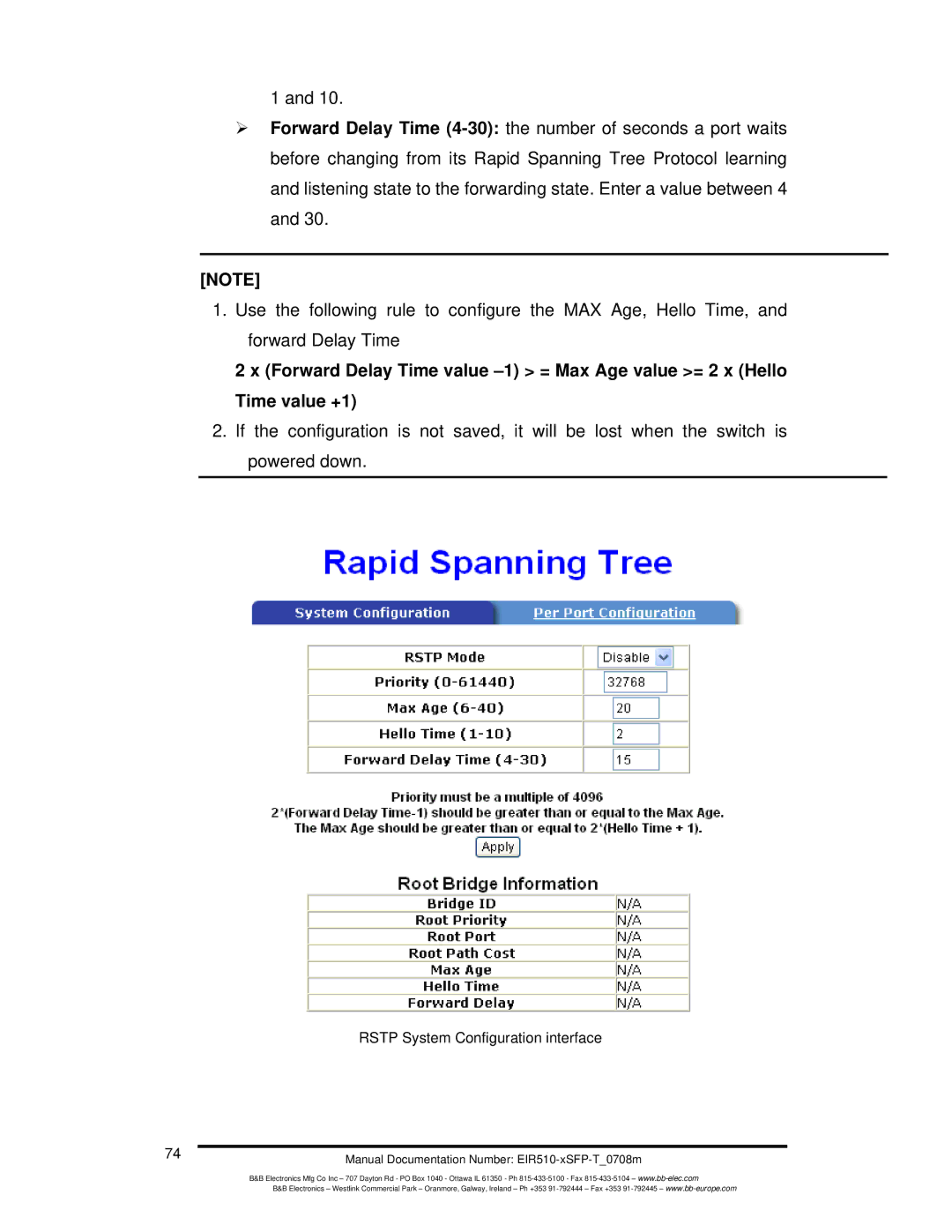 B&B Electronics EIR510-2MC-T, EIR510-2MT-T, EIR510-2SC-T manual Rstp System Configuration interface 