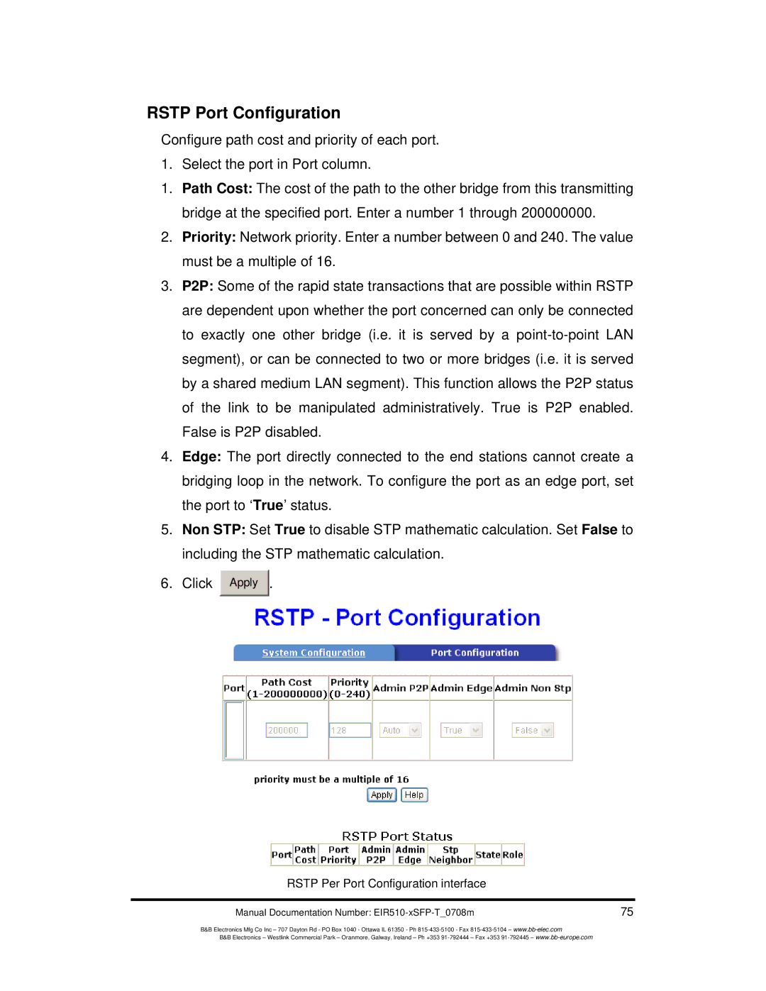 B&B Electronics EIR510-2SC-T, EIR510-2MT-T, EIR510-2MC-T manual Rstp Port Configuration 