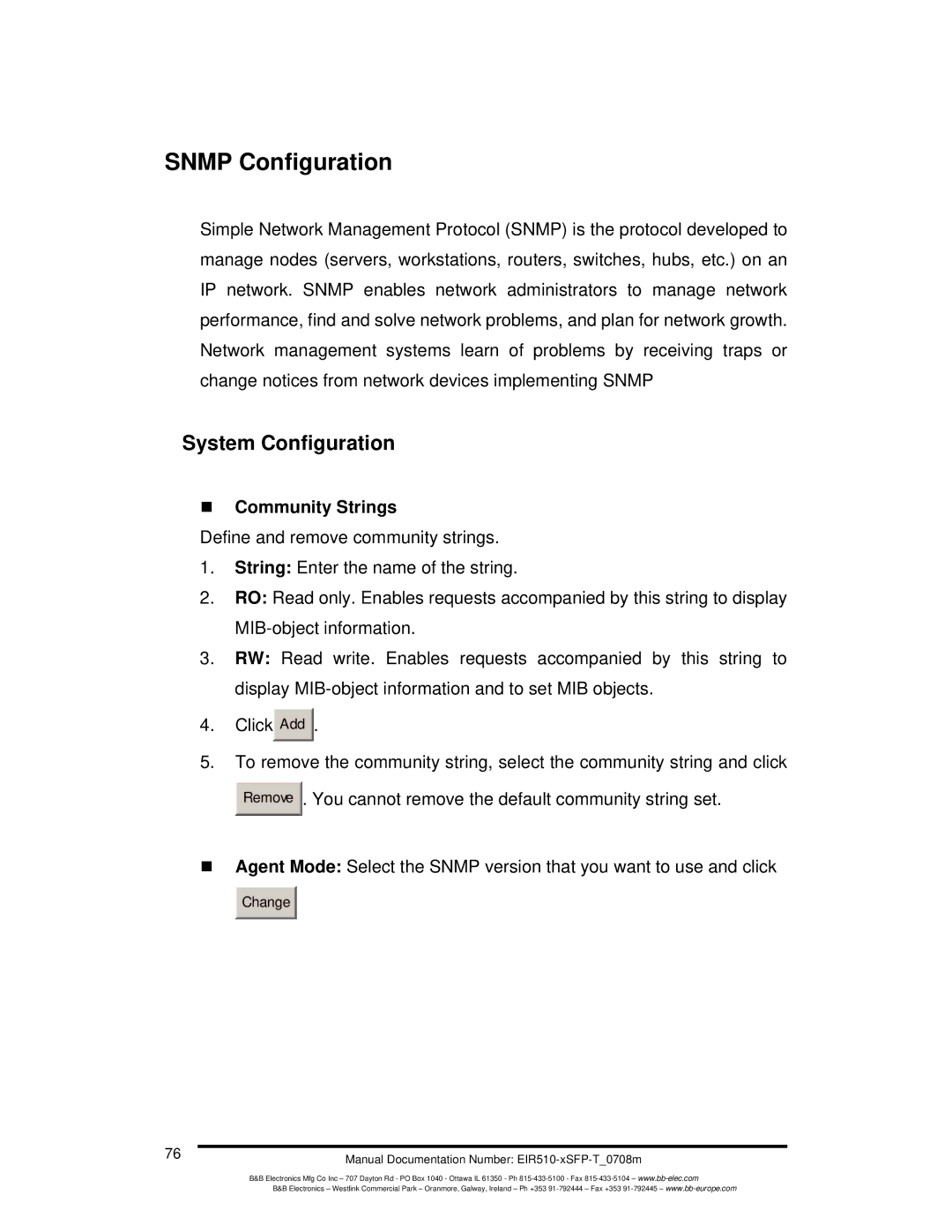 B&B Electronics EIR510-2MT-T, EIR510-2MC-T, EIR510-2SC-T manual Snmp Configuration, System Configuration, „ Community Strings 