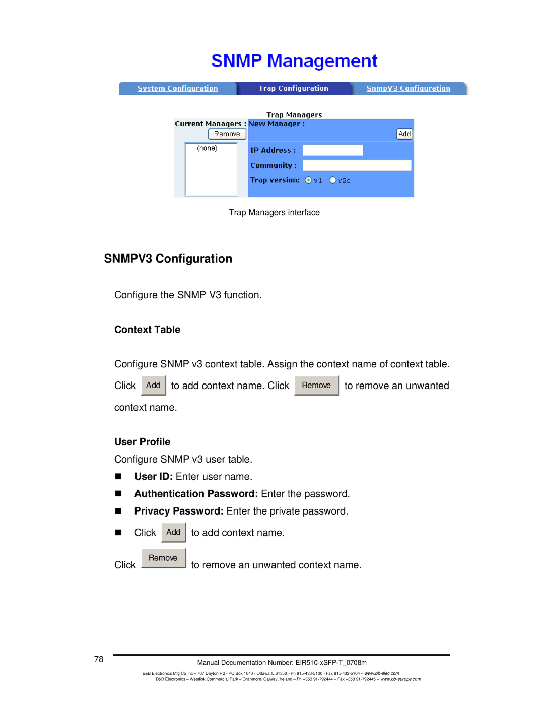 B&B Electronics EIR510-2SC-T, EIR510-2MT-T, EIR510-2MC-T manual SNMPV3 Configuration, Context Table, User Profile 