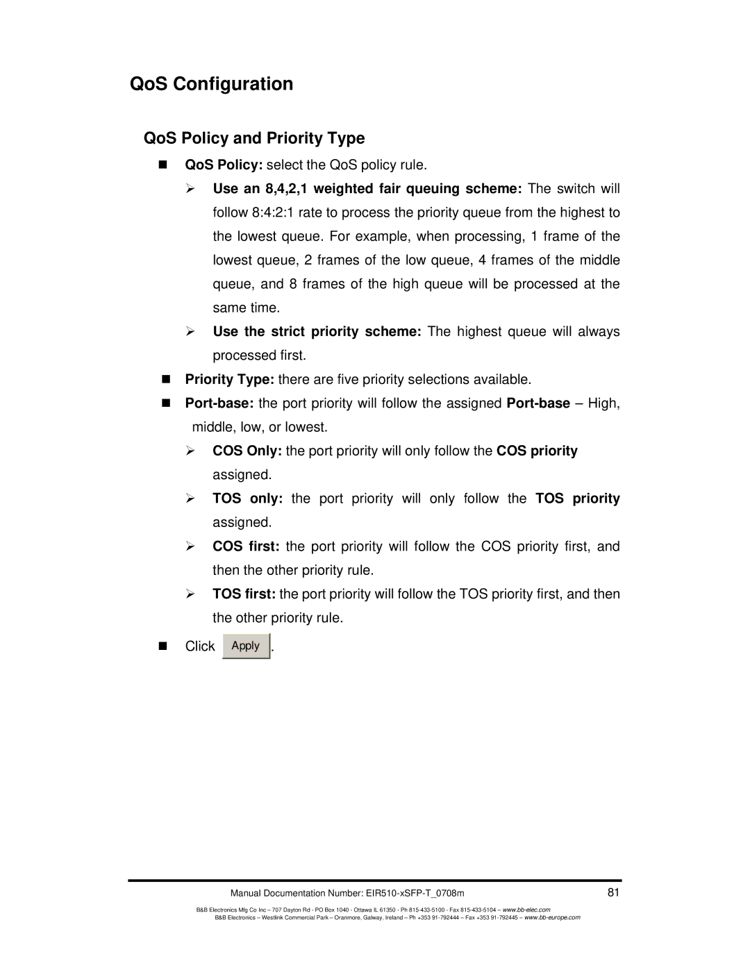 B&B Electronics EIR510-2SC-T, EIR510-2MT-T, EIR510-2MC-T manual QoS Configuration, QoS Policy and Priority Type 