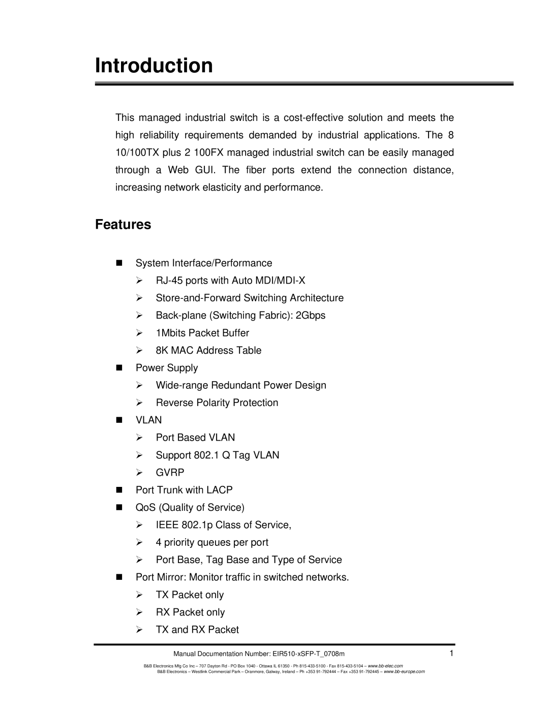 B&B Electronics EIR510-2MT-T, EIR510-2MC-T, EIR510-2SC-T manual Introduction, Features 